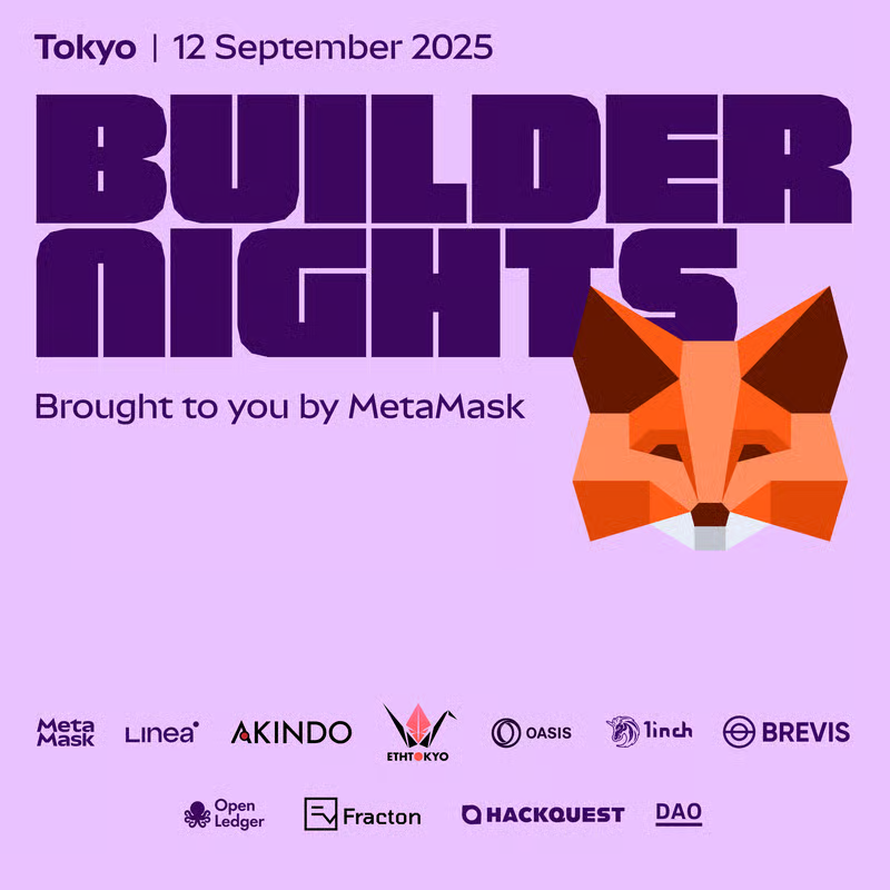 Builder Nights is coming tomorrow during <a href="/Ethereum_JP/">ETHTokyo '25 @ Sep. 12-15 (♦️,🗼)</a>  

We will chat developer toolings with
<a href="/charleslu1/">Charles Lu ☕️</a> from <a href="/EspressoSys/">Espresso ☕️</a>
<a href="/Gwenole_M/">Gwen</a> from <a href="/LineaBuild/">Linea.eth</a>
<a href="/robertbrienza/">Robert</a> from <a href="/OasisProtocol/">Oasis</a>

big 🙏 to <a href="/akindo_io/">AKINDO | the Buildathon platform🌊🛠️</a>, <a href="/OasisProtocol/">Oasis</a>, <a href="/OpenledgerHQ/">OpenLedger</a> and <a href="/wecandaoit/">Fracton Ventures - Ethereum Incubator</a>, huge effort!
