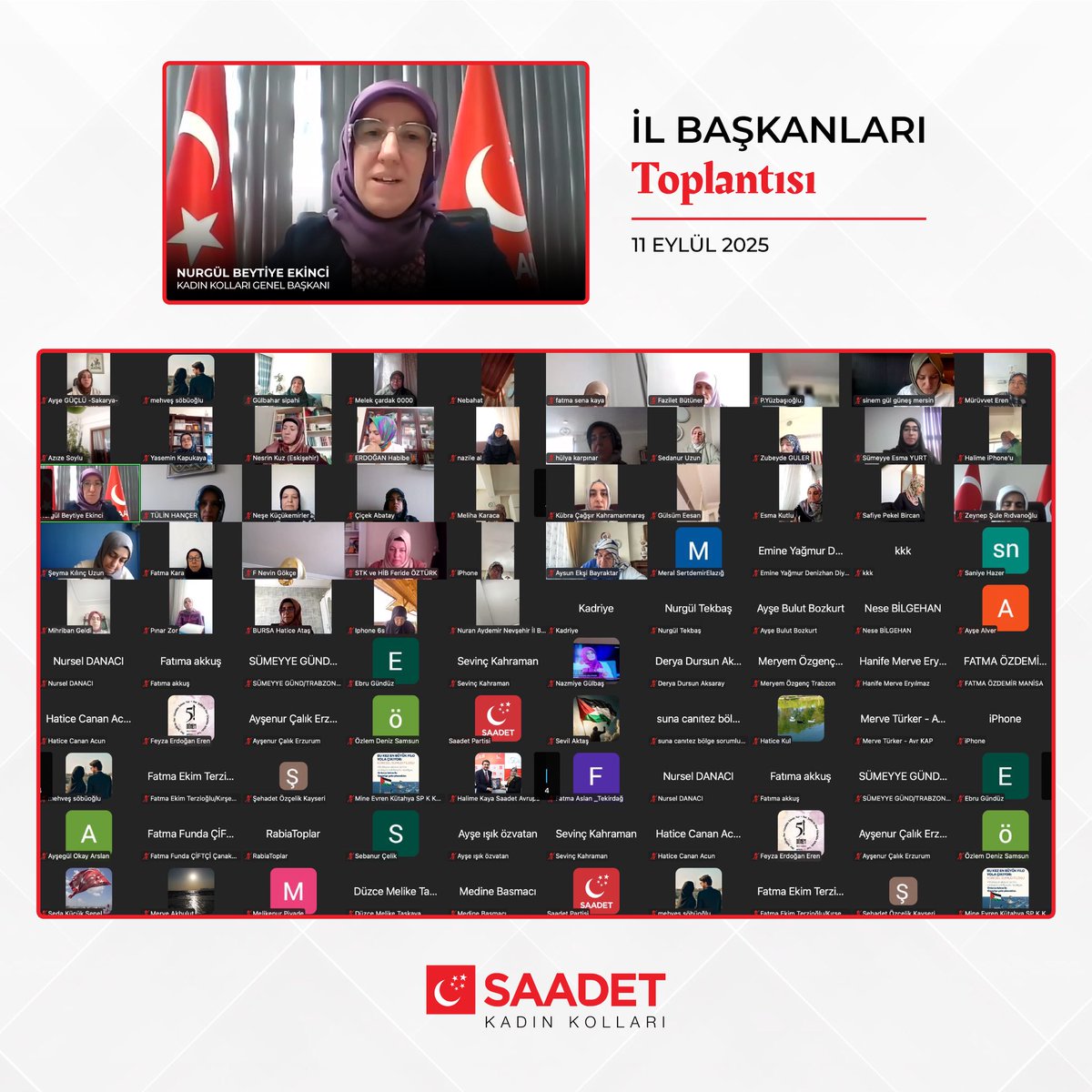SaadetKadin's tweet photo. İl Başkanları ve Bölge Sorumluları Toplantısı, Kadın Kolları Başkanımız Nurgül Beytiye Ekinci'nin katılımlarıyla online olarak gerçekleştirildi.

@SaadetPartisi 
@BeytiyeEkinci https://t.co/38kxaSqkRC