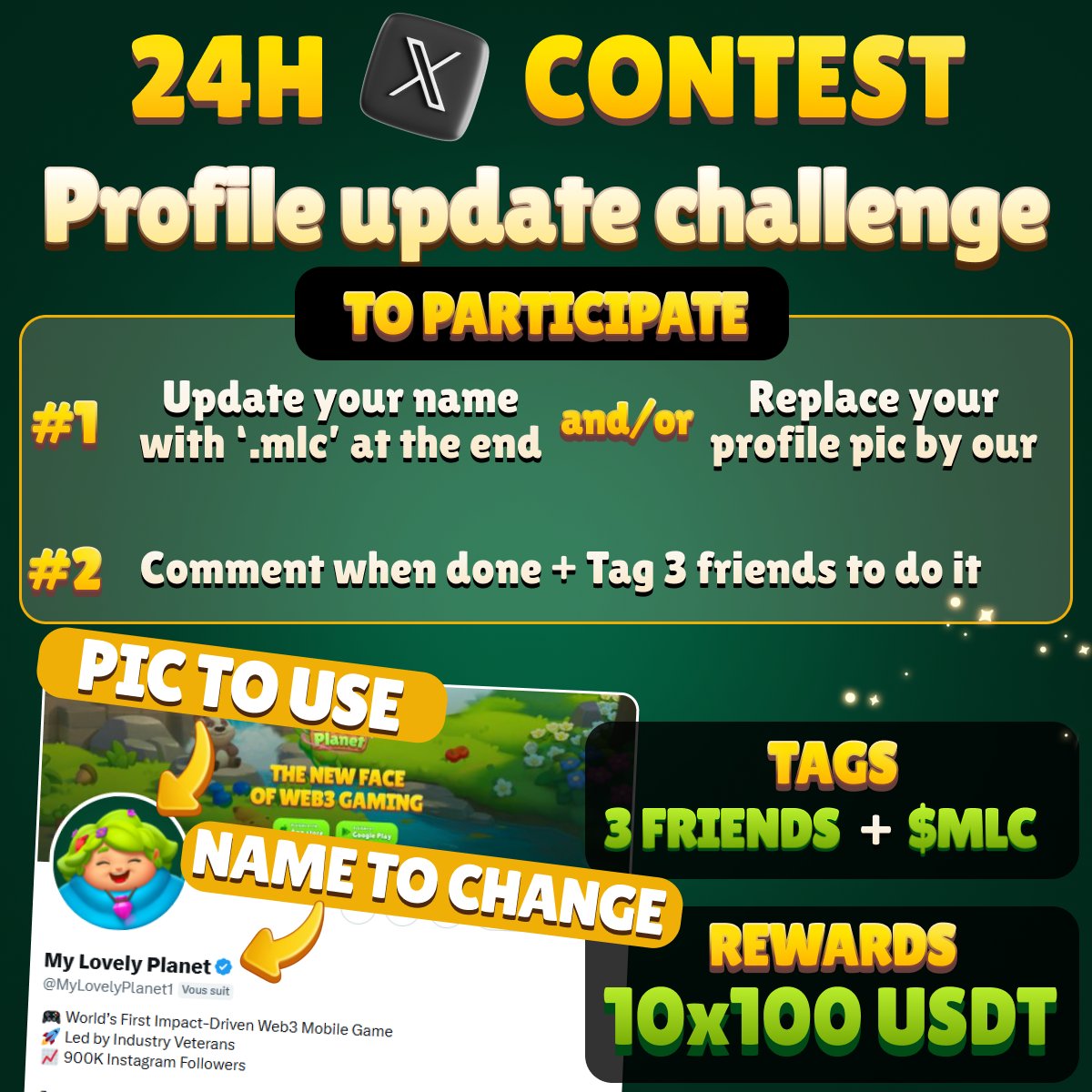 📢WE LISTENED, 24H EXTENSION!
💰DOUBLE REWARDS
🎯DOUBLE WINNERS

Update your profile &amp; tag on the original contest post to participate!
Now 10 winners will share 1000 $USDT!

Let’s gooooo $MLC lovers! 🚀💚