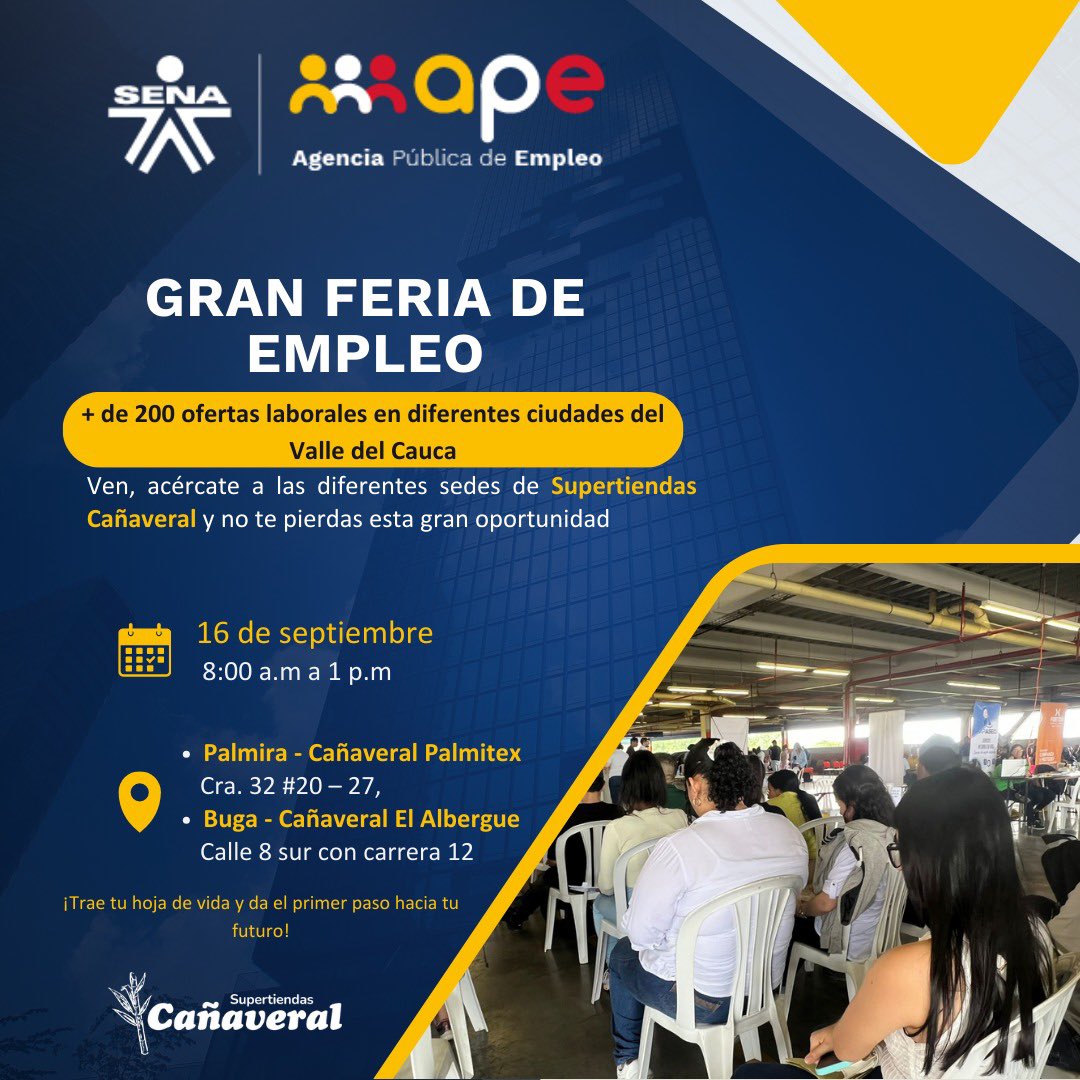SENA_RValle's tweet photo. Participa de la gran feria de empleo que tendremos en el Centro Comercial Santiago Plaza de Cali y Cartago y, en las Supertiendas Cañaveral de Palmira y Buga. ¡Te esperamos! #AgenciaPúblicaDeEmpleo #SENAEsEmpleo https://t.co/16FOzRT4i8