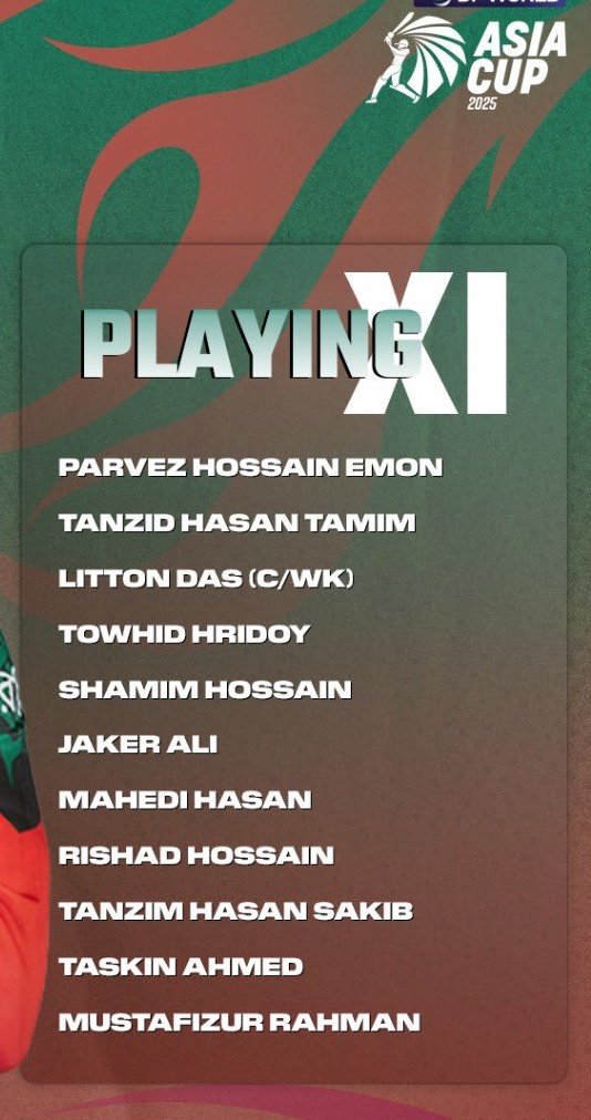 9afan's tweet image. Adab, Hey 👋🏻 Cricket 🏏 Folks Welcome to the Asia Cup🏆 UAE
Match 3 Group B
Abu Dhabi 11-9-2025:
T_BAN opted to Bowl first.
#HKC 

Here are the Playing Xi's 

_

_

Stay with me though out the tournament. for live coverage.

_
#AsiaCup2025 #AsiaCupT20 #AsiaCup
#HKVBAN #BANVHK