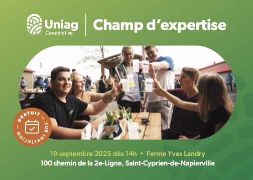Journée Champ d’expertise – Québec (Napierville) 
📅 19 septembre 2025 – à 14 h
📍 Ferme Yves Landry
➡️ Gratuit, inscription obligatoire:
 forms.office.com/r/KLbtJjxi4r
🙏 Merci à nos partenaires : Syngenta, Corteva, BASF, Bayer, FAC, Desjardins et Organic Ocean