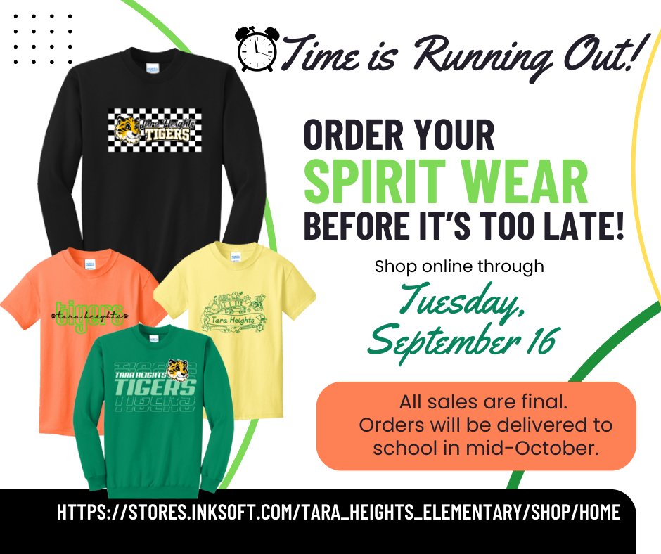 Don't forget to order your school spirit wear before the shop closes on Tuesday! Shop online at stores.inksoft.com/tara_heights_e…
