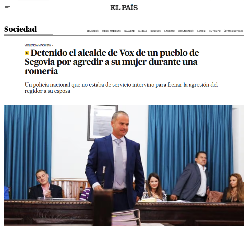 Detenido el alcalde de Vox de Villacastín (Segovia) por agredir a su mujer durante una romería.
elpais.com/sociedad/2025-…