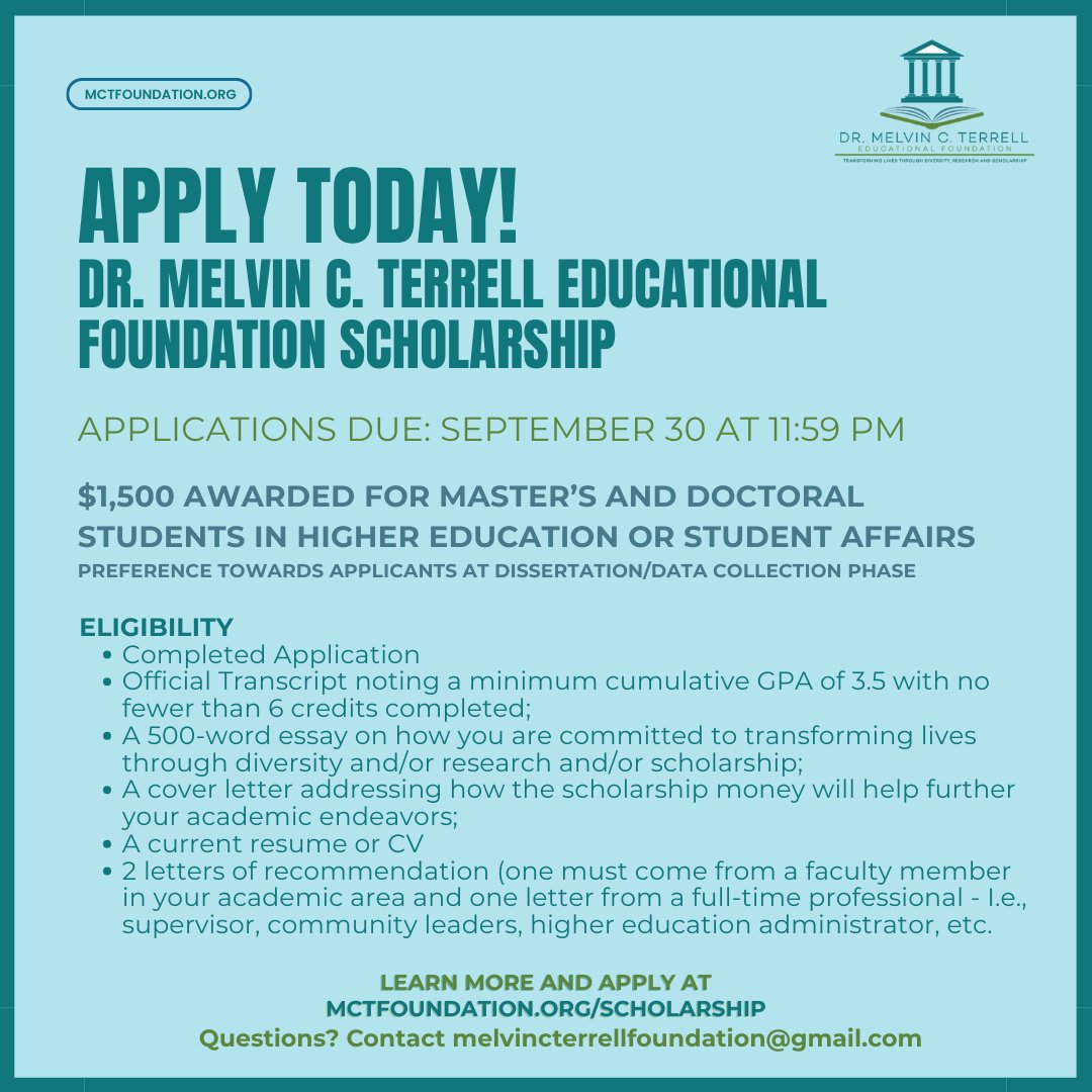 ⏰ TWO WEEKS LEFT! 
Applications due September 30th for our scholarship.

Apply now: mctfoundation.org/scholarship/ #HigherEd #Studentaffairs #gradschool #academia