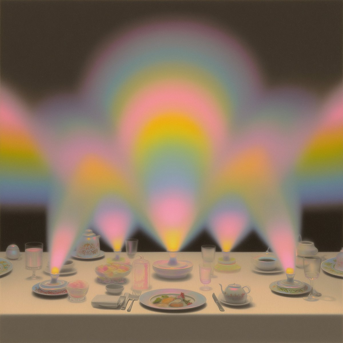 "Where Color Dines" #nft by <a href="/tuukzs/">Tn̗˙n̖k'z</a> ✨
This artwork is about a feast of memory, staged for absence.✨🤓
A banquet that has outlived its guests.
Cutlery waits in perfect alignment.
Color rises like ghosts from the plates.
Light does the eating. Nothing breaks.
#DigitalArt #NFTArt