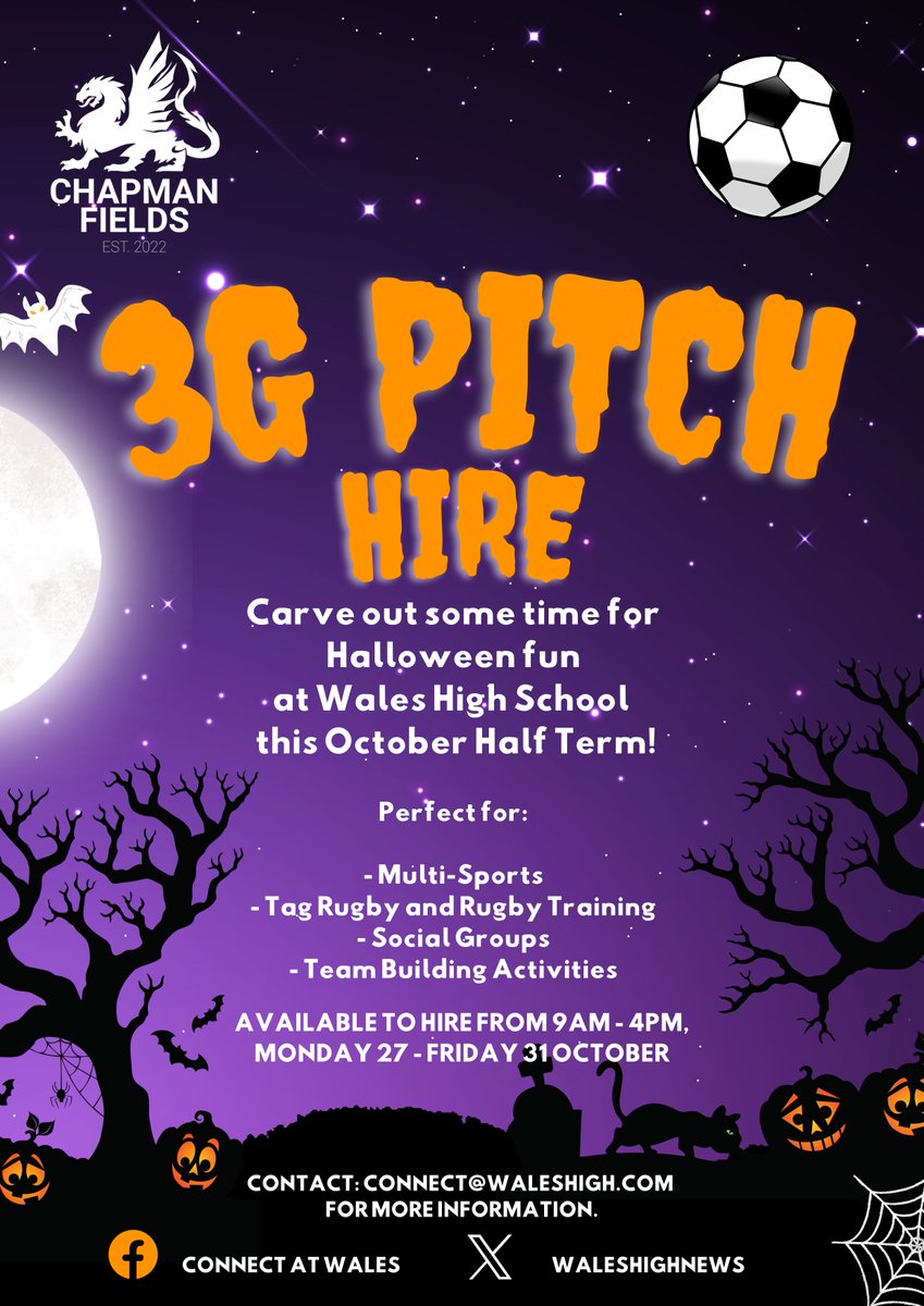 Wales High News (@waleshighnews) on Twitter photo Hire our state-of-the-art 3G Pitch this October half term! ๐
๐ป Special day rates available!
๐ปMultiple booking discounts
Great for:
Multi-Sports, Tag Rugby & Rugby Training, Social Groups, Team Building Activities
|9 am-4 pm | Mon 27- Fri 31 Oct
๐งconnect@waleshigh.com Hire our state-of-the-art 3G Pitch this October half term! ๐
๐ป Special day rates available!
๐ปMultiple booking discounts
Great for:
Multi-Sports, Tag Rugby & Rugby Training, Social Groups, Team Building Activities
|9 am-4 pm | Mon 27- Fri 31 Oct
๐งconnect@waleshigh.com