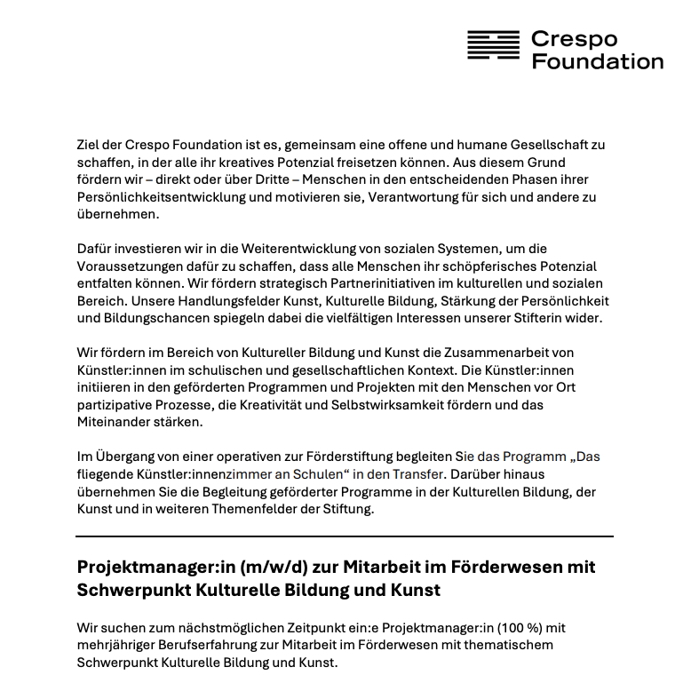 📣 Crespo Foundation sucht Projektmanager:in (m/w/d) zur Mitarbeit im Förderwesen mit Schwerpunkt Kulturelle Bildung und #Kunst | #Frankfurt a.M.

📅 Frist: 10. Oktober 2025

➡️kultweet.de/jobs/Crespo_Fo…

#Job #Stellenausschreibung #Kunst #Kulturjobs #Erziehung #Kulturmanagement