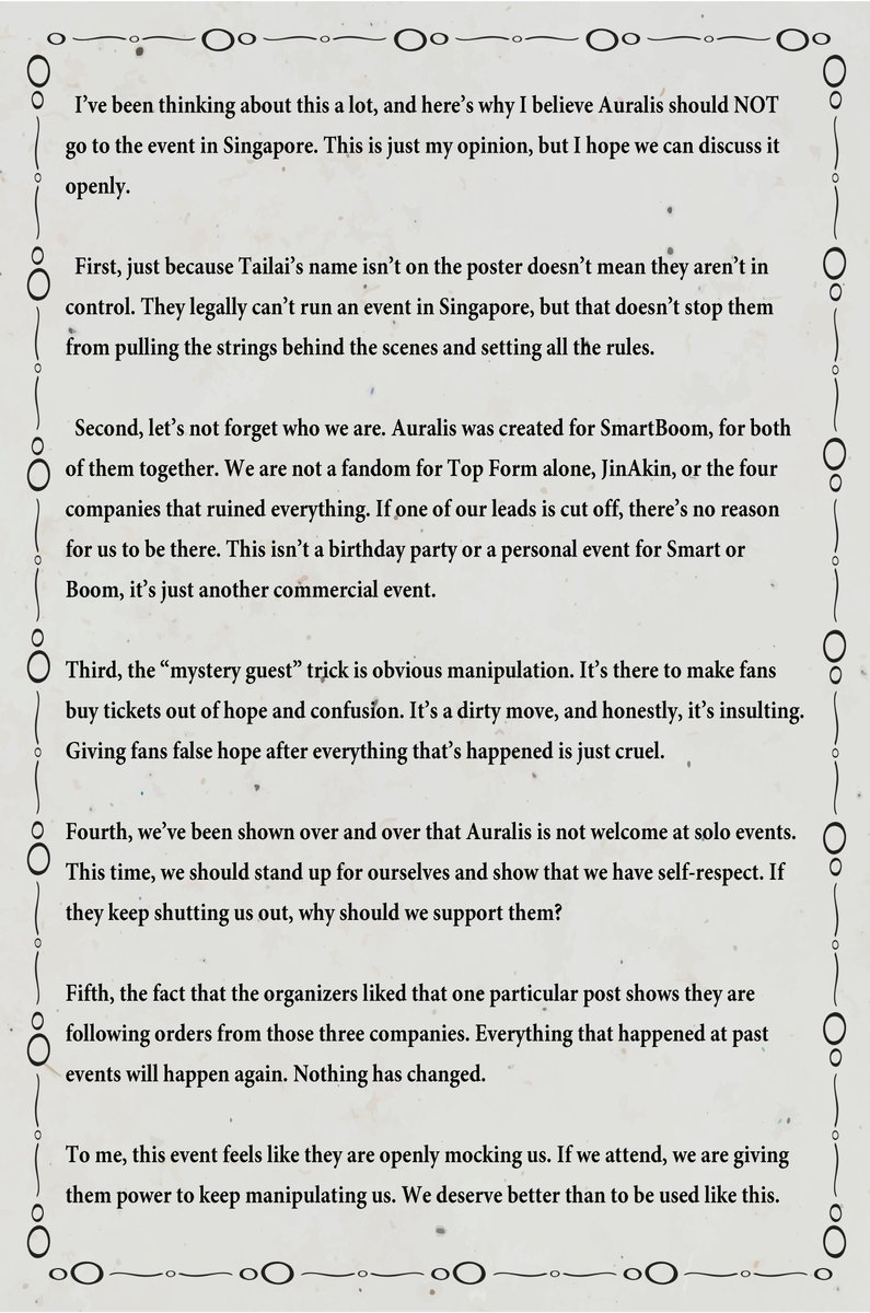 Lacuna1317's tweet image. Why Auralis shouldn’t go to the SG event:

1. If Tailai’s name isn’t on the poster, it doesn’t mean they aren’t running it. They just can’t do it officially in SG.
2. Auralis = SmartBoom. Not Top Form, not JinAkin, not the 4 clown companies. Our couple isn’t there, so why should…