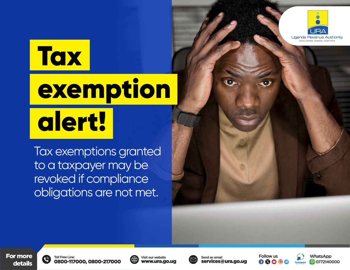 #URATaxSnippet

Did you know that tax exemptions granted to a taxpayer may be revoked if compliance obligations are not met?

Remember to be responsible with that incentive!
<a href="/URAuganda/">Uganda Revenue Authority</a>
#FfeBanno