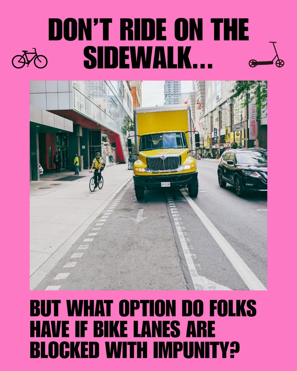 It's hard to stop people from riding on sidewalks when dangerous drivers &amp; blocked infrastructure make sidewalks the safest option.

If we are going to spend time on PSAs &amp; enforcement, why don't we start with folks parking massive trucks and cars in bike lanes.
