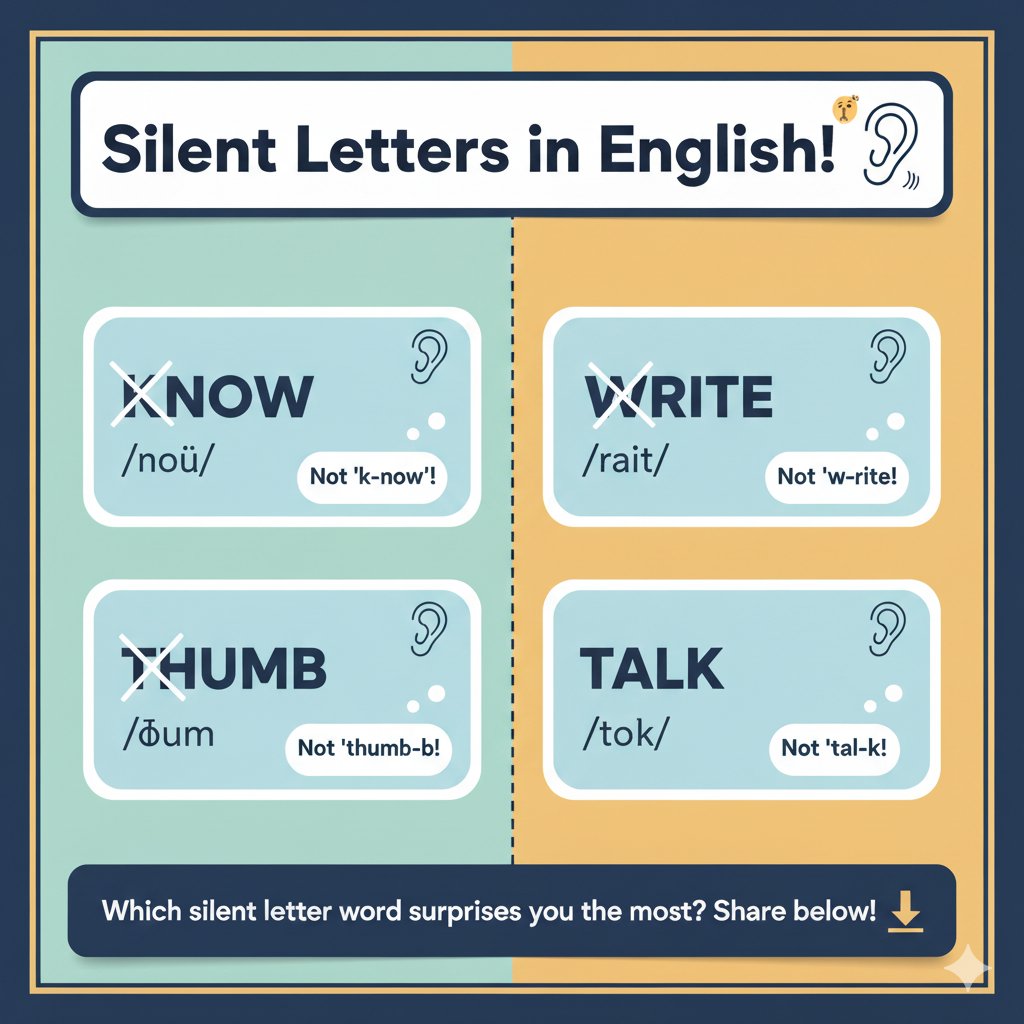Silent but deadly! 🤫 English is full of silent letters that can trip you up!
Listen closely and learn to master these.

Which silent letter word surprises you the most? Share below! 👇"

#Pronunciation #SilentLetters #englishtips #LearnEnglish #ESLImpact