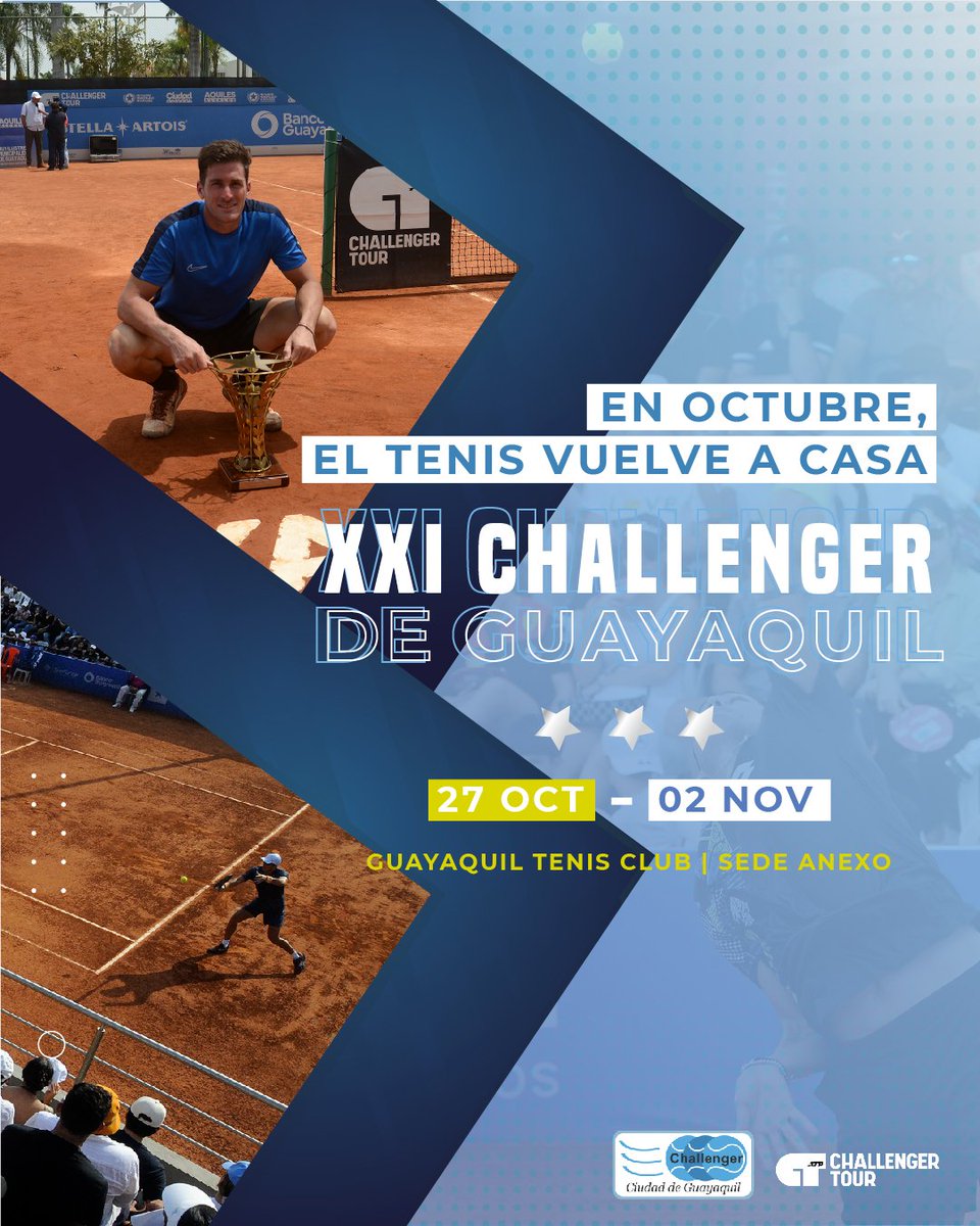 Challenger de Guayaquil (@challengye05) on Twitter photo En octubre el tenis regresa a tu ciudad 🎾🔥
Ya está confirmada la fecha para la 21ma edición del Challenger de Guayaquil. Se jugará del 27 de octubre al 2 de noviembre en las canchas de arcilla del <a href="/GuayaquilTenis/">Guayaquil Tenis Club</a> ✅
#ChallengerdeGuayaquil #XXIChallengerdeGuayaquil En octubre el tenis regresa a tu ciudad 🎾🔥
Ya está confirmada la fecha para la 21ma edición del Challenger de Guayaquil. Se jugará del 27 de octubre al 2 de noviembre en las canchas de arcilla del <a href="/GuayaquilTenis/">Guayaquil Tenis Club</a> ✅
#ChallengerdeGuayaquil #XXIChallengerdeGuayaquil