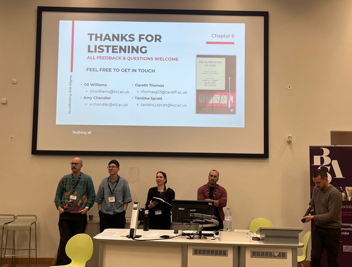 What a pleasure to share the floor with <a href="/DrAmyChandler/">Amy Chandler</a> Gareth Thomas <a href="/OliWilliamsPhD/">Oli Williams</a> &amp; Jen Remnant talking all things stigma at <a href="/BSAMedsoc/">BSA Medsoc AKA @BSAMedSoc@toot.community</a> 

Check out the book here: bristoluniversitypress.co.uk/recalibrating-…