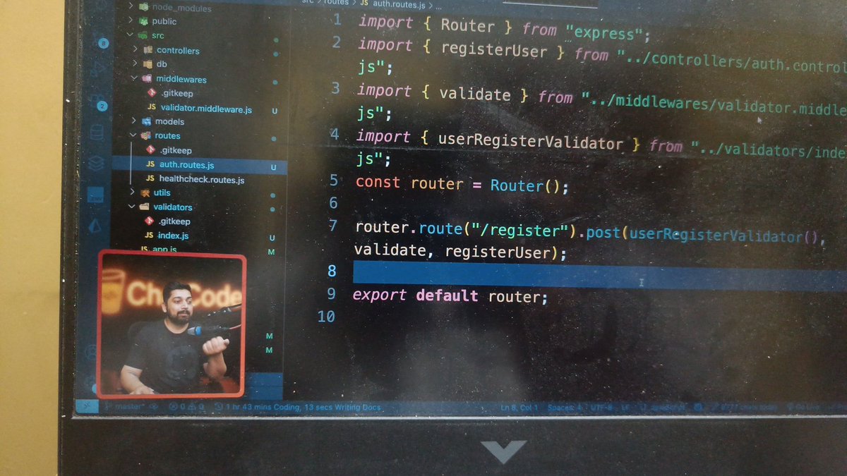 SS19732004's tweet image. In your recent Node.js course on Udemy (Codebase Management Project) —  
@Hiteshdotcom.Why are we using route.route() pattern instead of simple:
router.post("/register", middleware, middleware, registerUser)?Also, things like custom validators &amp;amp; creating API response