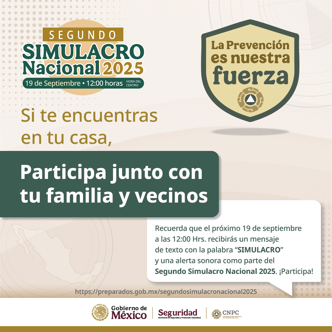 🏡 Aprovecha el #SegundoSimulacroNacional2025 para organizarte con tu familia y vecinos y pon en práctica tus aptitudes preventivas ante emergencias.

Registra tu inmueble en: preparados.gob.mx/segundosimulac…