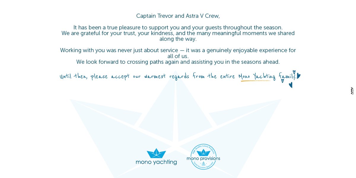 Until then, please accept our warmest regards from the entire Mono Yachting family.
📞+90 530 845 81 69
📩 info@monoprovisions.com
🖥️ monoprovisions.com
#MonoProvisions #MonoYachting #AstraV #YachtLife #EveryDetailMatters