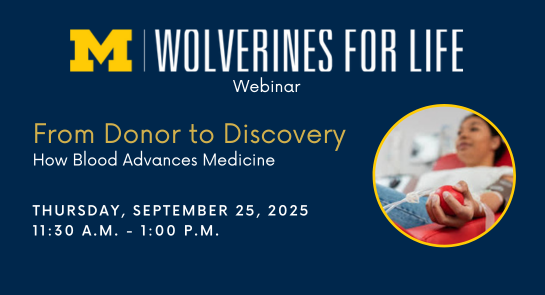 🩸 This National Research Administrator’s Day, join Wolverines for Life for a special webinar:

From Donor to Discovery: How Blood Advances Medicine

📅 Thursday, September 25, 2025 11:30 a.m. - 1:00 p.m.
🔗 Register: umich.zoom.us/webinar/regist…

#DonateBlood | #UMich