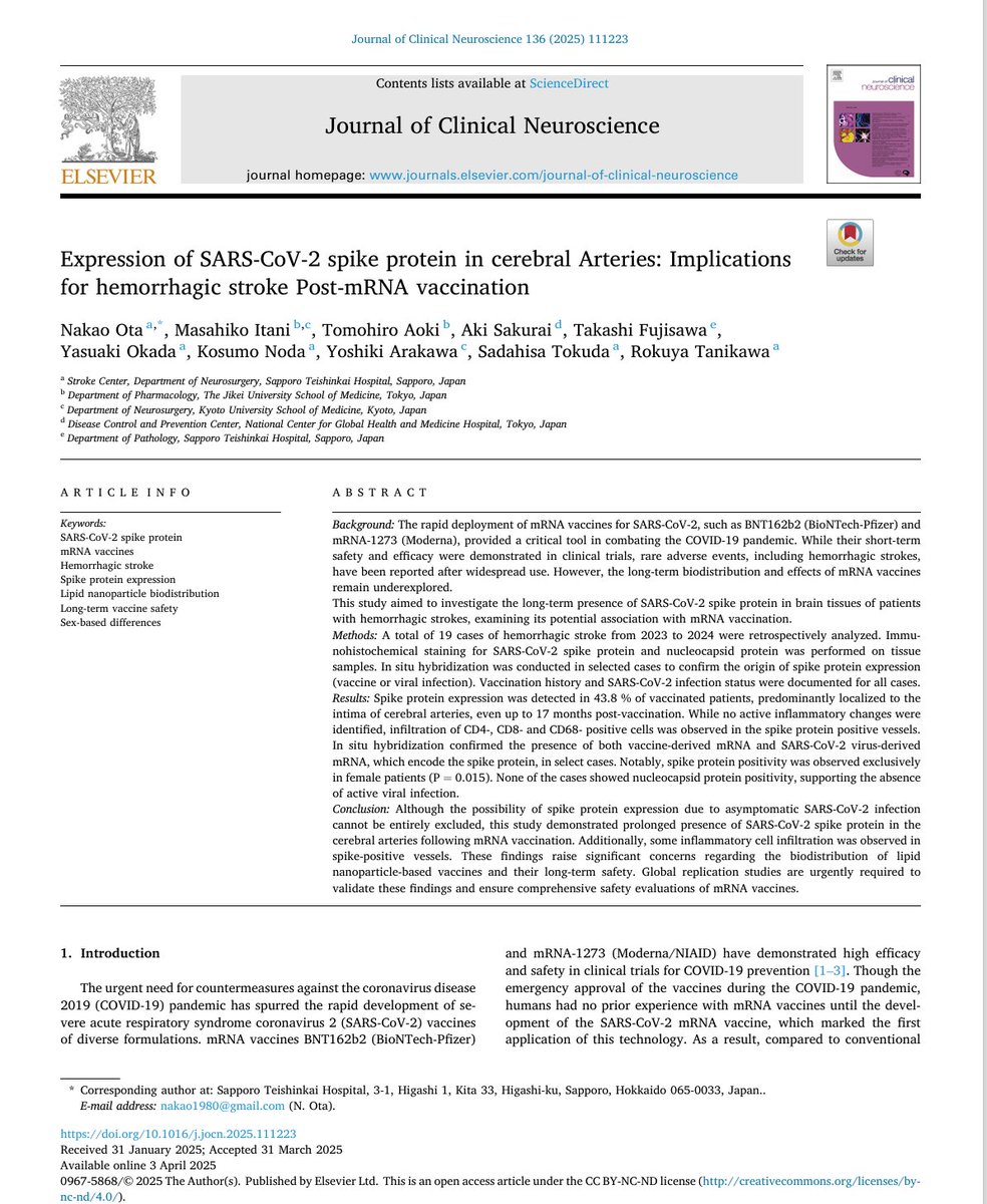 "prolonged presence of SARS-CoV-2 spike protein in the cerebral arteries following mRNA vaccination."

"Spike protein expression was detected in 43.8 % of vaccinated patients, predominantly localized to the intima of cerebral arteries, even up to 17 months post-vaccination"