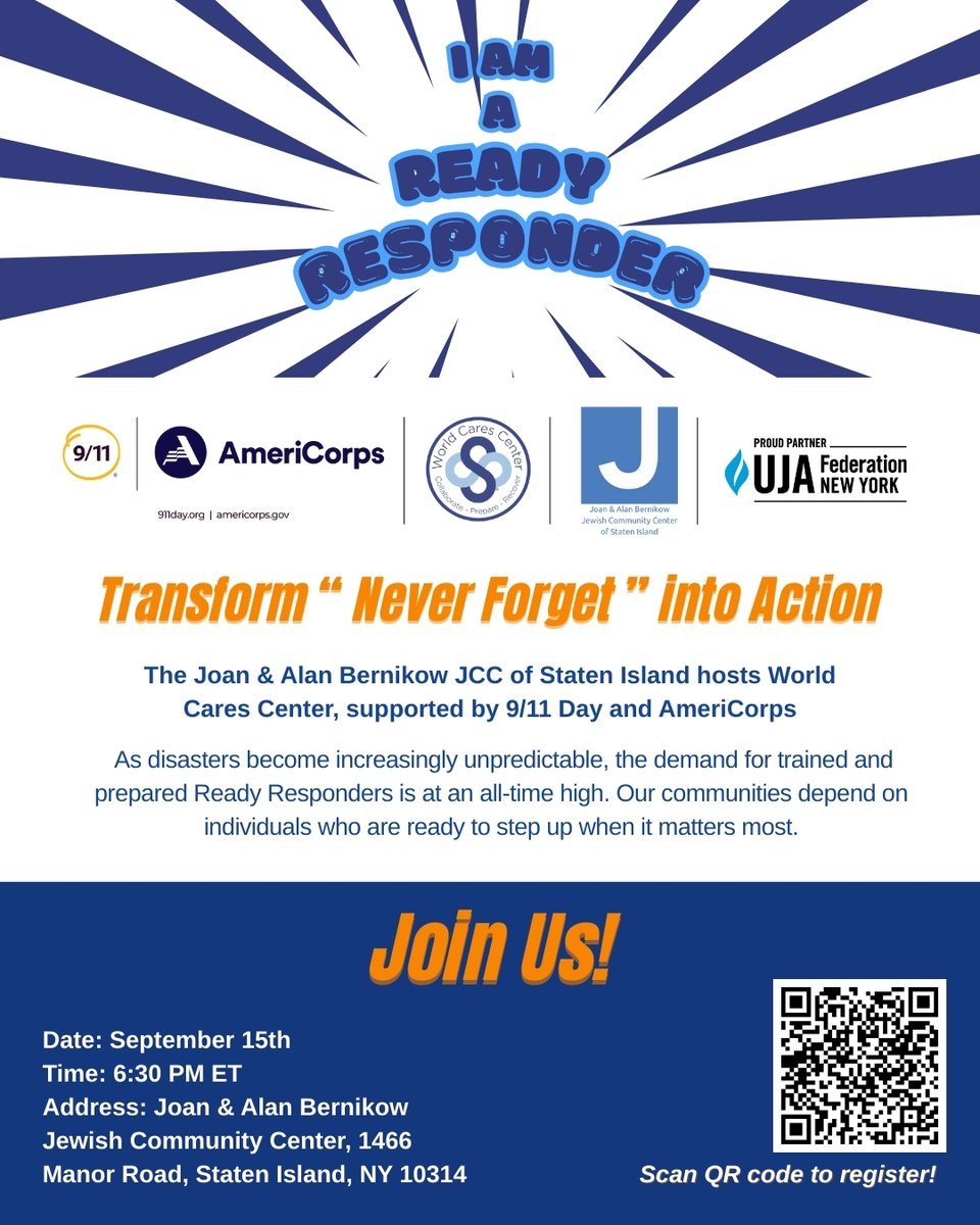 Staten Island: Join us as a ‘Ready Responder’ on Sept 15! 
Free training at the JCC <a href="/JCCstatenisland/">JCC of Staten Island</a> to honor 9/11. 
RSVP: ow.ly/1BLc50WJURR #ReadyResponder #911Day