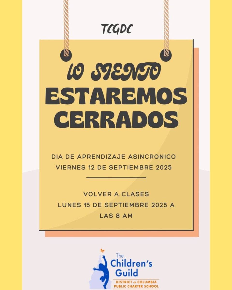 TCGDCPCS's tweet image. Please note that The Children's Guild DC will be closed for an asynchronous learning day on Friday, September 12, 2025.
We will reopen on Monday, September 15, 2025, at 8 AM.
#AsynchronousLearning #SchoolClosed #TCGDC