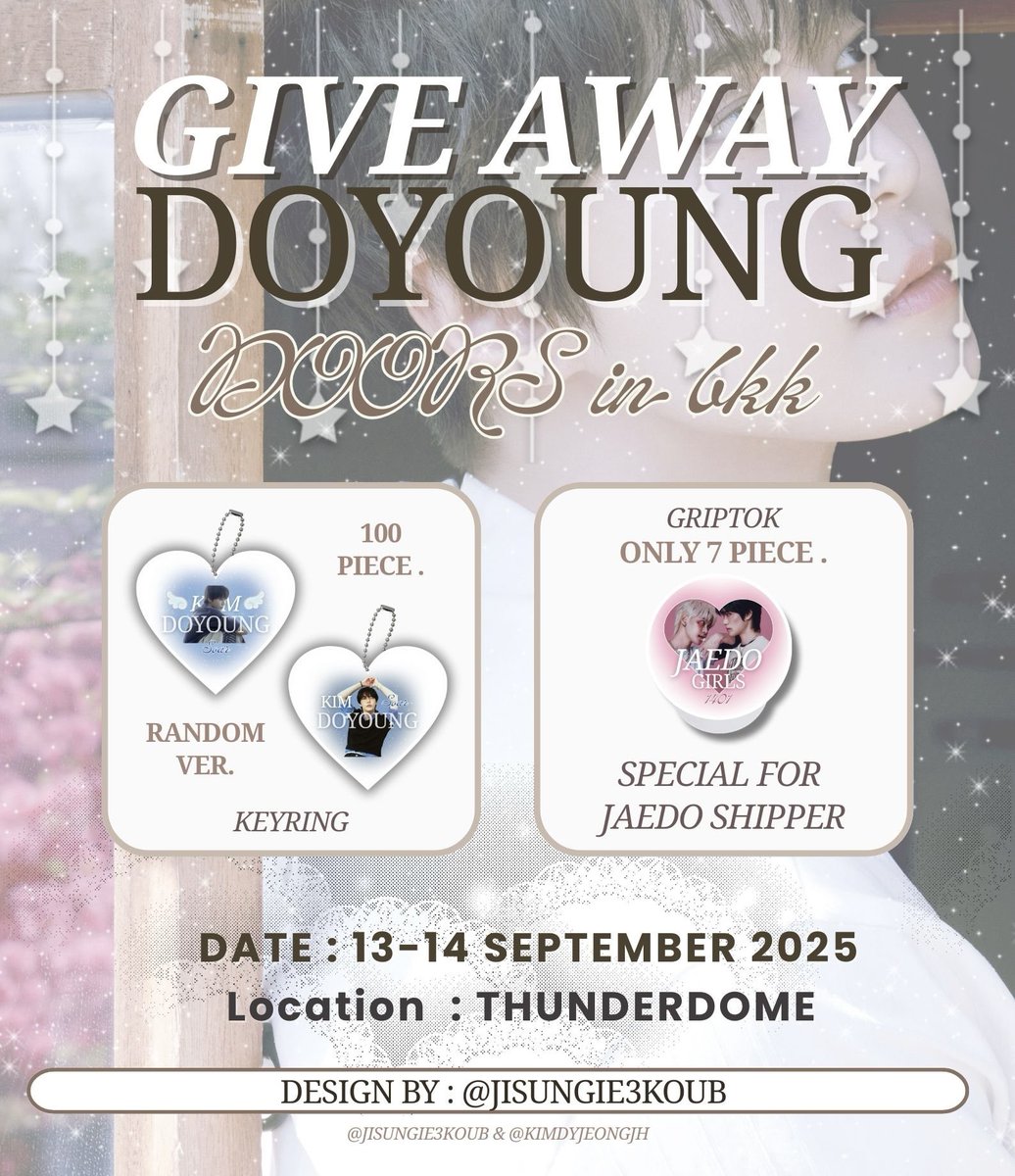 ˖ ݁𖥔 ── DOYOUNG Doors in bkk ── 𖥔 ݁˖

🐰ྀི GIVE AWAY keyring &amp; griptok
special gift for JAEDO shipper ( only 7 )

⑅ᐢᐢ date : 13 - 14 sep
⑅ᐢᐢ time : tba 
♡ᜓིྀ location : thunder dome

RT and Show this tweet 
Exchange pls dm ˖⋆࿐໋ 

#DOYOUNG_Doors_in_BANGKOK
