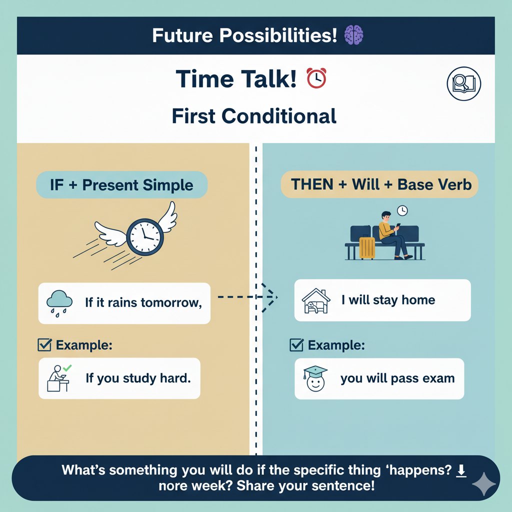 jaclisb's tweet image. Future Possibilities! 🔮 Let's learn the First Conditional!
We use it for real and possible situations in the future.
What's something you will do if a specific thing happens this week? Share your sentence! 👇
#GrammarLessons #FirstConditional #EnglishGrammar #EFL