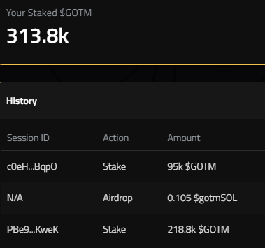 #gotmSOL

I've received my airdrop of $gotmSOL  just for staking my $GOTM on the $GOTM staking site. 

 I’m holding $GOTM.
 I staked enough to earn a role 
 I got my $gotmSOL airdrop.