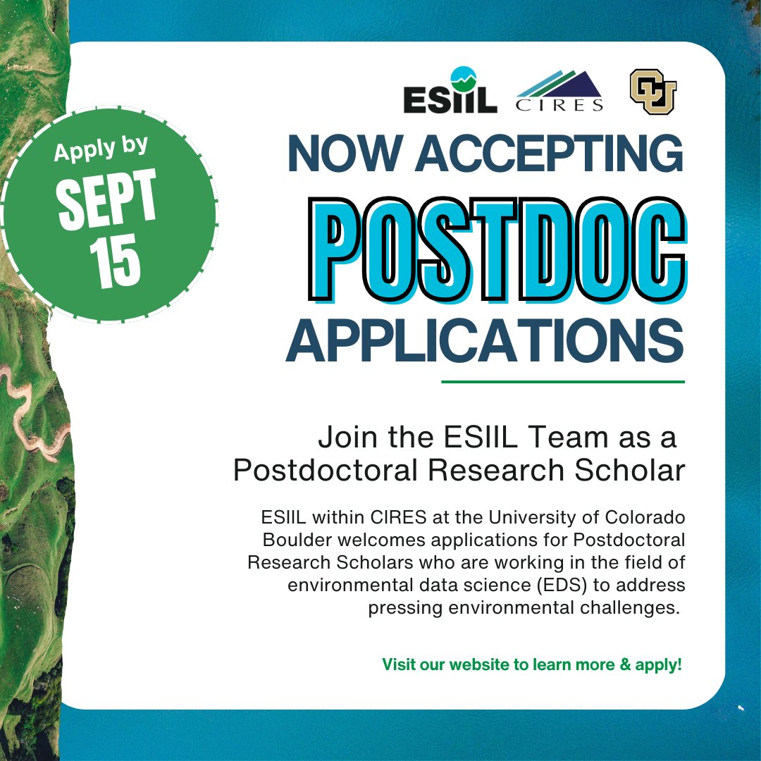 CU_ESIIL's tweet image. Apply to be an ESIIL Postdoc by Sept. 15th! Visit our website to learn more &amp;amp; apply: esiil.org/careers
