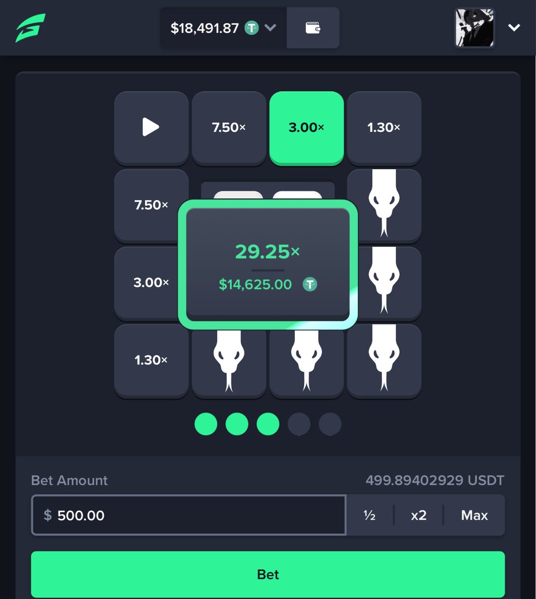 Tezzo100x's tweet image. $500 → $14.6k on snakes🐍😤

 👉 gamba.com/?c=Tezzo

Drop wallets — I’m sending SOL to every reply 👇