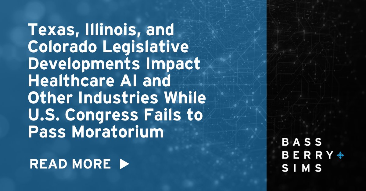Bass, Berry & Sims (@bassberrysims) on Twitter photo How do legislative developments in Texas, Illinois, and Colorado impact #healthcare AI and other industries? Our Intellectual Property attorneys shared insight on recent artificial intelligence regulations. Read more: bit.ly/AIstates
#ArtificialIntelligence #IPLaw How do legislative developments in Texas, Illinois, and Colorado impact #healthcare AI and other industries? Our Intellectual Property attorneys shared insight on recent artificial intelligence regulations. Read more: bit.ly/AIstates
#ArtificialIntelligence #IPLaw