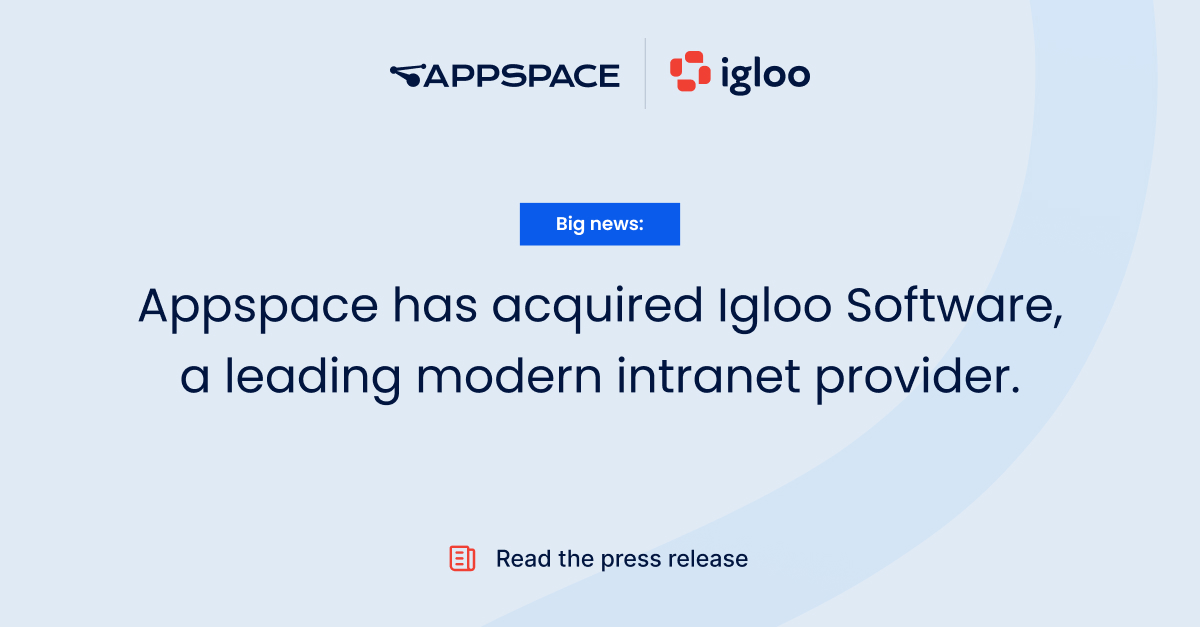IglooSoftware's tweet image. We&apos;re excited to announce that Igloo has joined      Appspace, the award-winning workplace experience platform! Read the press release to learn more.
appspace.com/blog/igloo-pre…