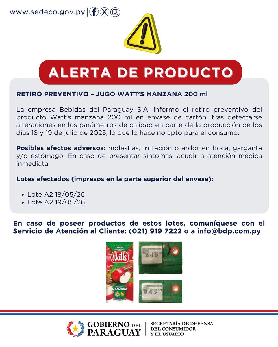 Retiran jugo Watt’s por no ser apto para consumo | 😱

La empresa Bebidas del Paraguay S.A. retiró de forma preventiva el jugo Watt’s manzana 200 ml (lotes A2 18/05/26 y A2 19/05/26) por alteraciones en la calidad.

⚠️ Puede causar molestias, irritación o ardor en boca, garganta