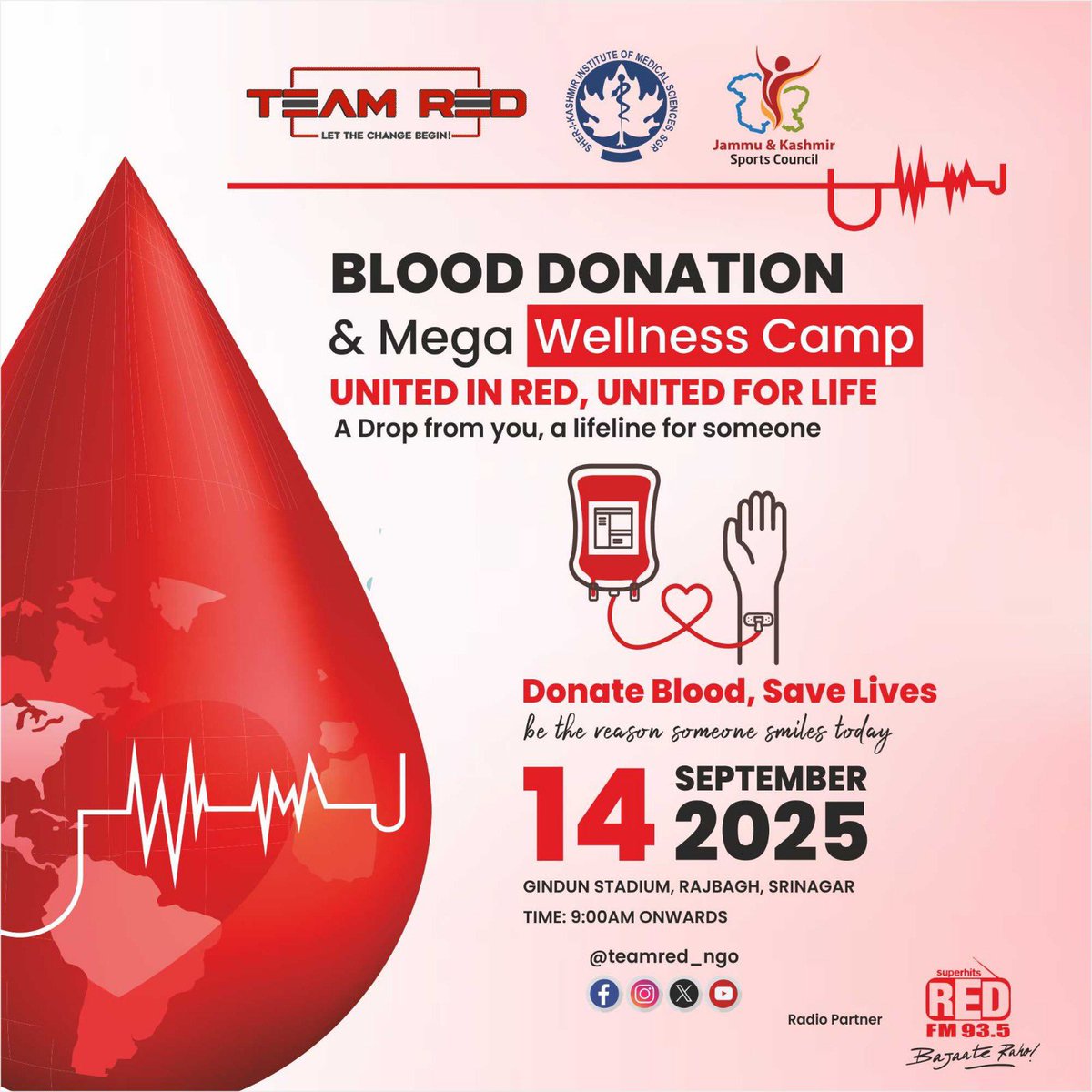 United in Red, United for Life🩸 
<a href="/TeamRed_NGO/">Team Red - NGO</a> in collaboration with <a href="/JKSportsCouncil/">J&K Sports Council</a> &amp; <a href="/DirectorSkims/">Sher-i-Kashmir Institute Of Medical Sciences</a>  present: Blood Donation &amp; Mega Wellness camp

📍Gindun Stadium, Rajbagh | 14th Sept

Fill the form &amp; be part of Team Red’s Mega Blood Camp 👉 docs.google.com/forms/d/e/1FAI…

#health