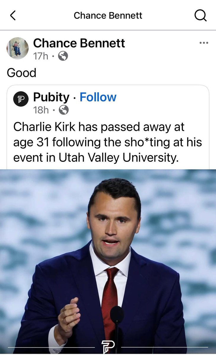 Meet Chance Bennett. A <a href="/TulsaCounty/">Tulsa County</a> public defender. 

Chance posted on <a href="/LinkedIn/">LinkedIn</a> celebrating the murder of Charlie Kirk. 

These are the people in our justice system. Make her famous. 

Check comments below on how to contact the Bar Association.