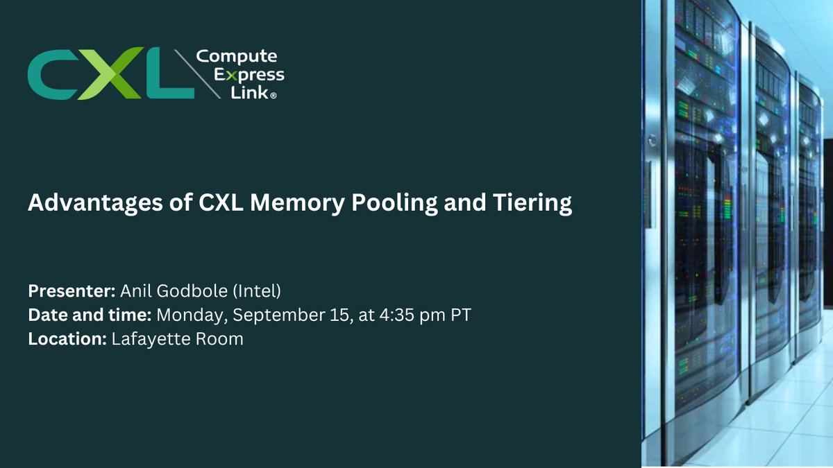 ComputeExLink's tweet image. Join us at @SNIA Developer Conference 2025 #SDC25 on Sept 15 at 4:35 pm PT for “Advantages of CXL Memory Pooling and Tiering.” Discover CXL memory pooling, storage, and how #CXL streamlines processor, memory, and accelerator communication. Learn more: bit.ly/4mWPyaG