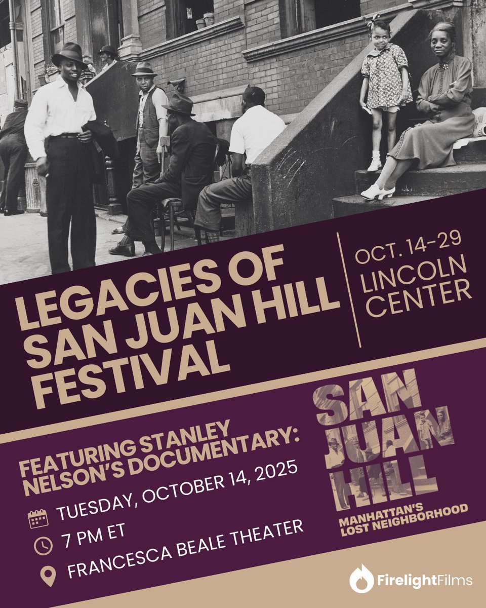 Attend a screening of San Juan Hill: Manhattan’s Lost Neighborhood at Lincoln Center on October 14th at 7pm. An hour-long documentary directed by Emmy Award winner Stanley Nelson. buff.ly/dTdeBSZ ✨