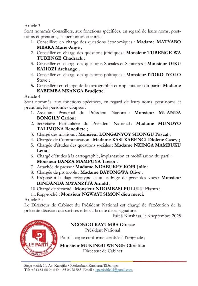 #LE_PARTI 
Bonjour,  chers camarades.
Après la vidéo de lecture de la nouvelle composition du cabinet du Président National de notre parti politique,  LE PARTI, voici à présent le document portant la décision y afférente.
Oui à l'excellence;Non à la médiocrité
CELLCOM LE PARTI
👇🏾