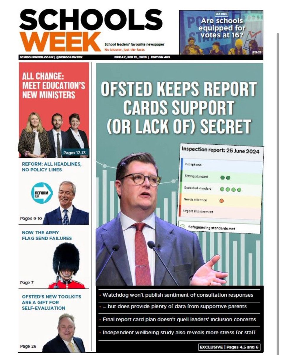 John Dickens (@johndickenssw) on Twitter photo Edition 403, done and dusted
Scoop: Ofsted won’t publish full consultation findings
Investigation: armed forces now flag SEND failures
<a href="/lydiachSW/">Lydia Chantler-Hicks</a> hunts for education policy at Reform conference
<a href="/jackydys/">Jack Dyson</a> digs into new RISE expansion
Plus: can schools handle voting at 16? Edition 403, done and dusted
Scoop: Ofsted won’t publish full consultation findings
Investigation: armed forces now flag SEND failures
<a href="/lydiachSW/">Lydia Chantler-Hicks</a> hunts for education policy at Reform conference
<a href="/jackydys/">Jack Dyson</a> digs into new RISE expansion
Plus: can schools handle voting at 16?