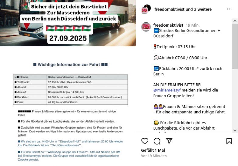 Judenhasser mit Reisebus „Frauen &amp; Männer sitzen getrennt - für eine entspannte und ruhige
Fahrt.“

Hach, jetzt noch etwas Druck, damit unreine Frauen besser bedeckt kommen. Eine kleine Judenjagd mit Steinigung zum Teambuilding. Zack. Dschihad fast fertig.😍Ich melde mich mal an.