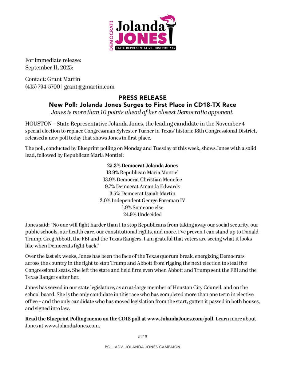 🔥 The numbers are in: I’m in FIRST PLACE in TX18—more than 10 points ahead of the closest Democrat! 🥊 Voting starts in about 2 weeks—let’s keep the momentum! 💪🏾 Please LIKE, SHARE &amp; FOLLOW + donate: secure.actblue.com/donate/jolanda…

#TX18 #FighterForThePeople #GrassrootsPower #ThatPart