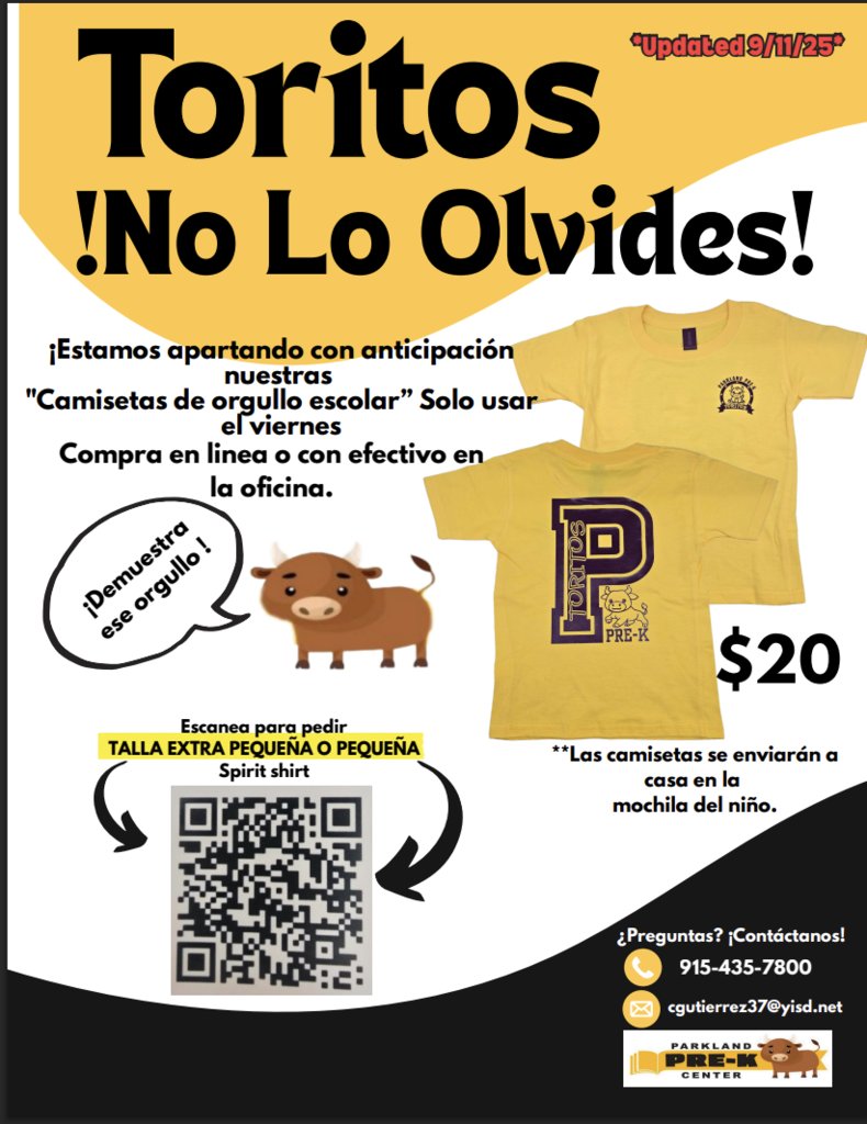 Order your Torito Spirit shirt online or come by the front office.  Let's show our Torito pride!!!