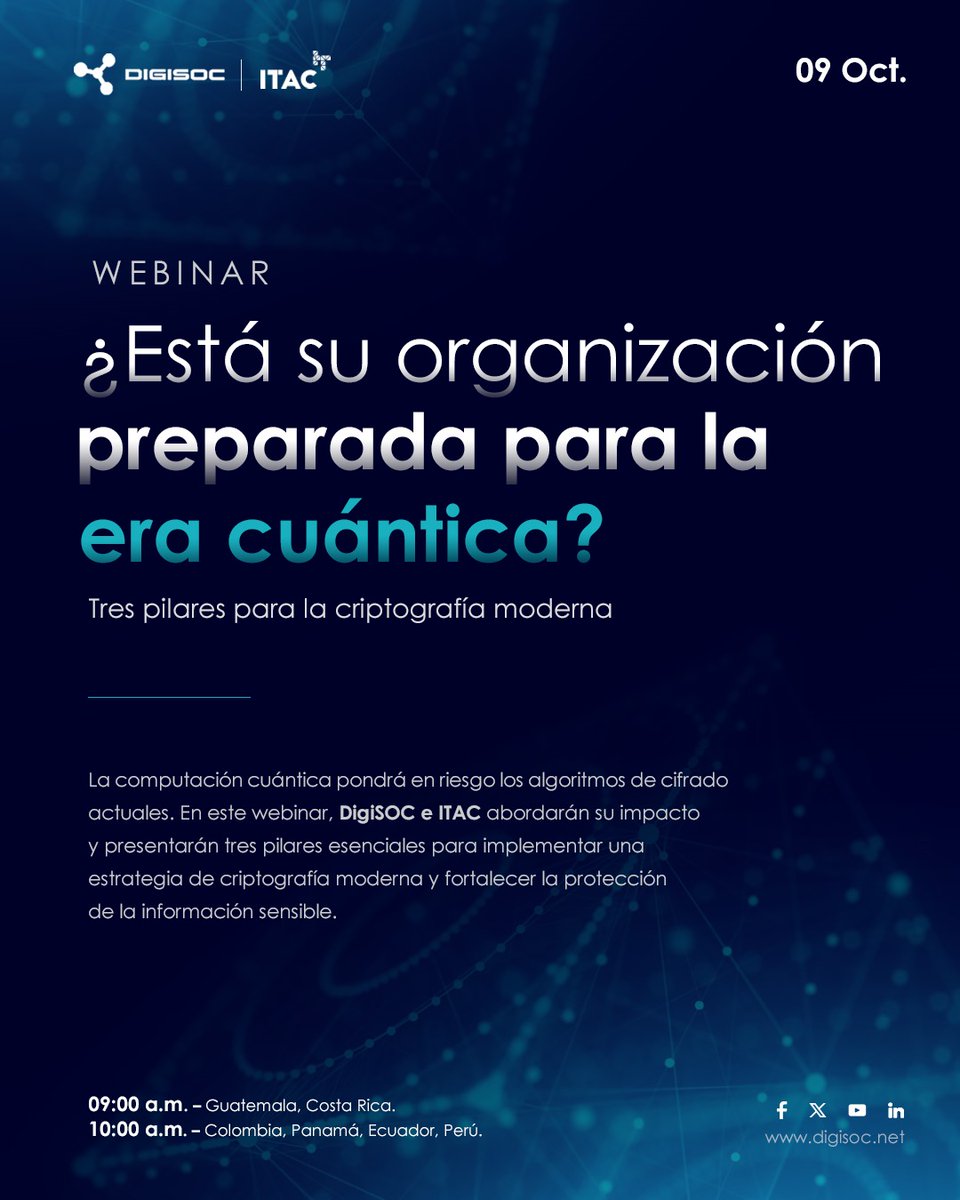 digisoc_mdr's tweet image. 🚀 La era cuántica ya está aquí…
¿Su organización está preparada?
Acompáñenos en este webinar con DigiSOC® e @itac_info y descubra cómo proteger su información sensible frente a los riesgos de la computación cuántica.
📅 09 de octubre
👉 Regístrese: digisoc.net/era-cuantica-w…