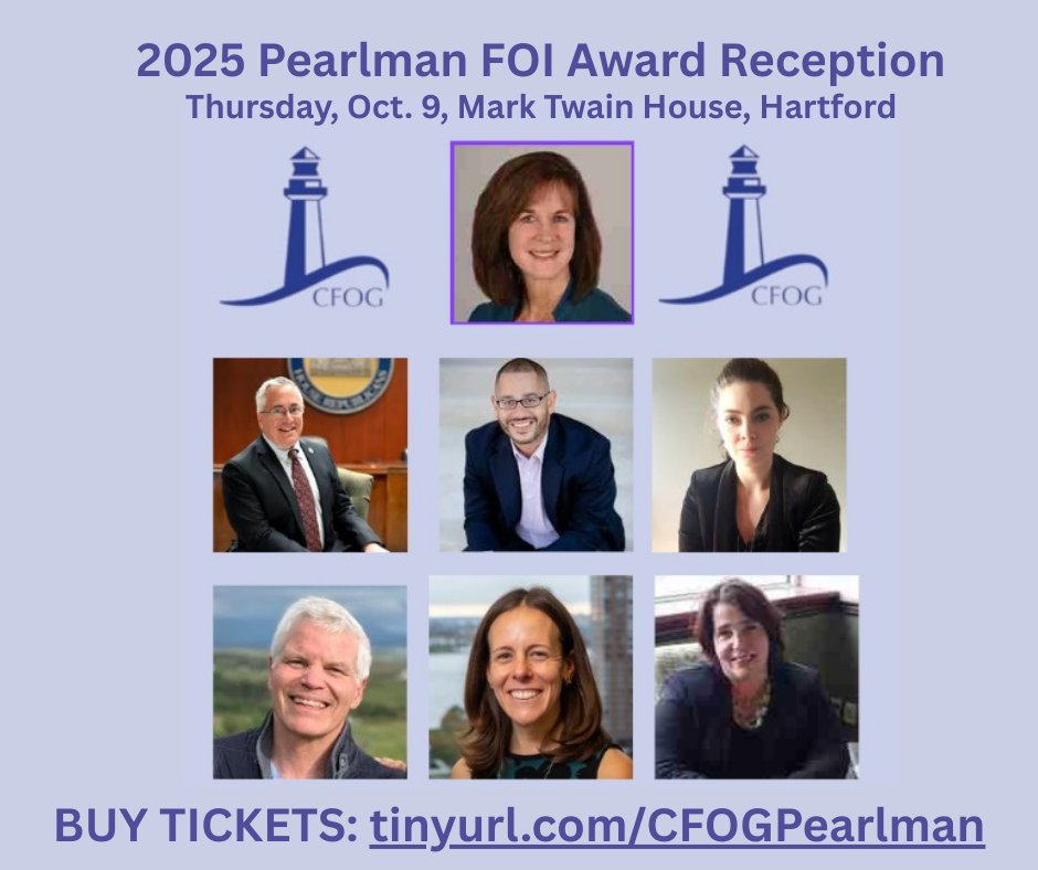 ctfog's tweet image. We are happy to announce the winners of our fourth annual Pearlman Freedom of Information Awards.
Read about our honorees --&amp;gt; ctfog.org/pearlman/conne…

Buy tickets --&amp;gt; tinyurl.com/CFOGPearlman