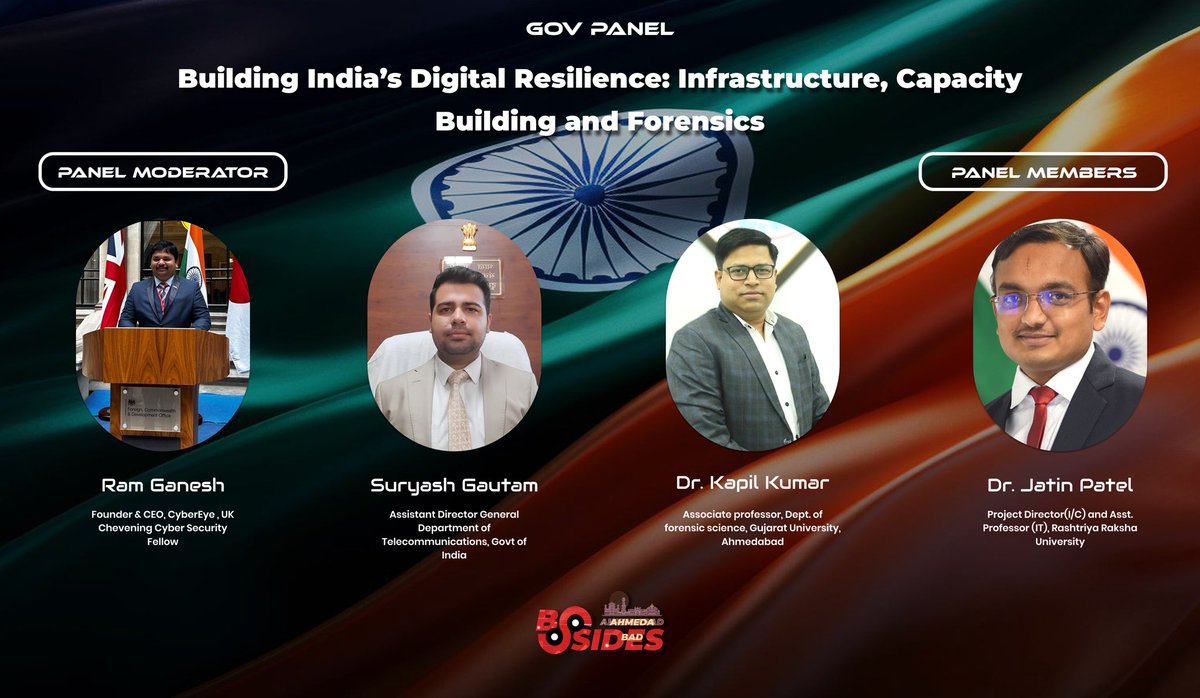 🛡️ India’s digital backbone is growing stronger every day — but with growth comes responsibility.

At the Government Panel, BSides Ahmedabad 0x06, we dive into:
“Building India’s Digital Resilience: Infrastructure, Capacity Building and Forensics.” 🇮🇳✨

From securing