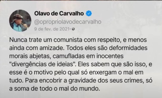 A profile image of Olavo de Carvalho, showing a man with a beard and wearing a hat, positioned on the left side. Text overlay includes the name "Olavo de Carvalho" and his Twitter handle "@olavodecarvalho" with a verification badge. Additional text reads "9 de fev. de 2021" and a paragraph of Portuguese text discussing social and moral issues.