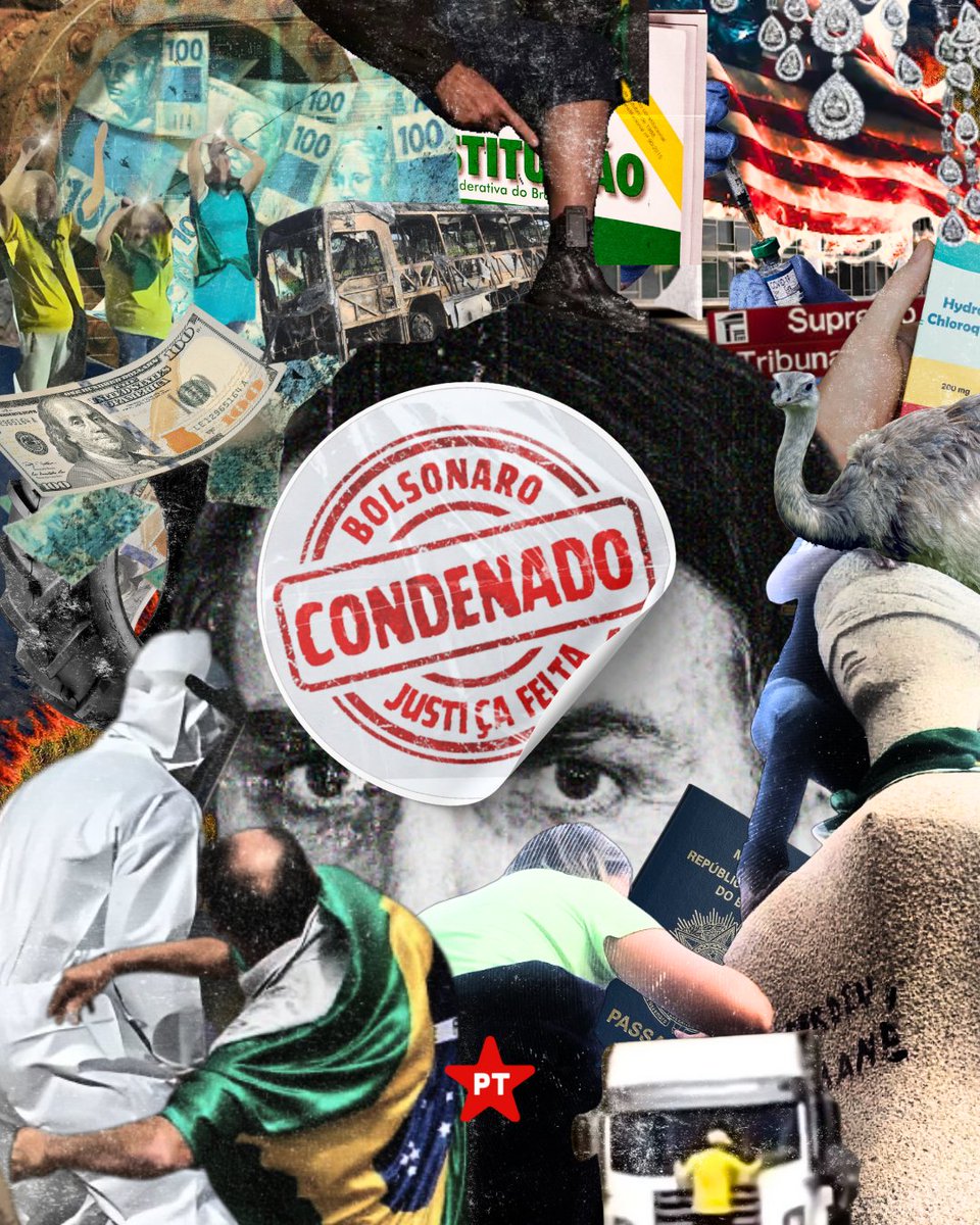 ptbrasil's tweet photo. 🚨 BOLSONARO CONDENADO!

O Supremo Tribunal Federal formou maioria para condenar Jair Bolsonaro por tentativa de golpe de Estado. É a primeira vez que um ex-presidente brasileiro é responsabilizado criminalmente por atentar contra a democracia.

⚖ Com os votos de Alexandre de Moraes, Flávio Dino e Cármen Lúcia, Bolsonaro e outros sete réus foram reconhecidos como parte da trama golpista que tentou abolir o Estado Democrático de Direito.

A JUSTIÇA SENDO FEITA! ✊
#PTBrasil #JulgamentoSTF #CrimesDeBolsonaro #SemAnistia