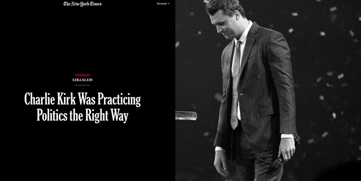 De indispensable lectura <a href="/ezraklein/">Ezra Klein</a> para el <a href="/nytimes/">The New York Times</a> 
"La base de una sociedad libre es la capacidad de participar en política sin temor a la violencia. Perder eso es arriesgarnos a perderlo todo". 
"Kirk hacía política de la forma extactamente correcta. Visitando las