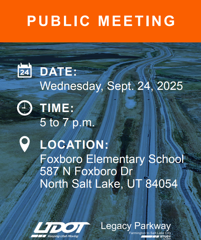 We’ve developed a draft State Environmental Study (SES) to evaluate improvements to Legacy Parkway. Join us at a public meeting from 5-7 pm on 9/24 at Foxboro Elementary School in North Salt Lake to learn more &amp; provide feedback.

➡️More info: publicinput.com/legacyparkways…