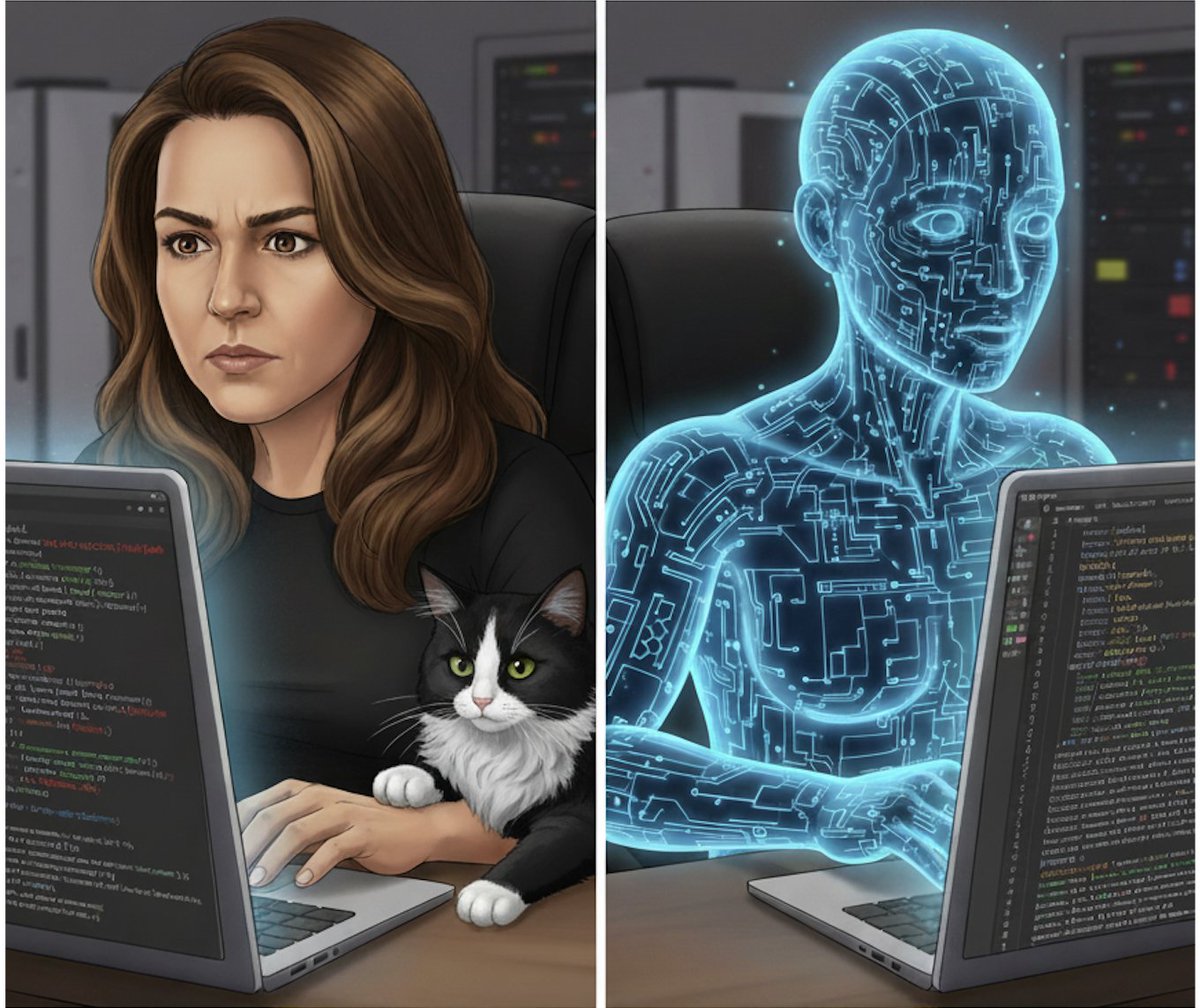 rajul_mishra's tweet image. Peer programming, year 2025. Still trying to get AI to understand "it works on my machine". Cat is still judgy like it is 2015. 🤣🤣
#DevHumor #AIProgramming #CodingProblems #MeowProgramming #FutureIsNow
